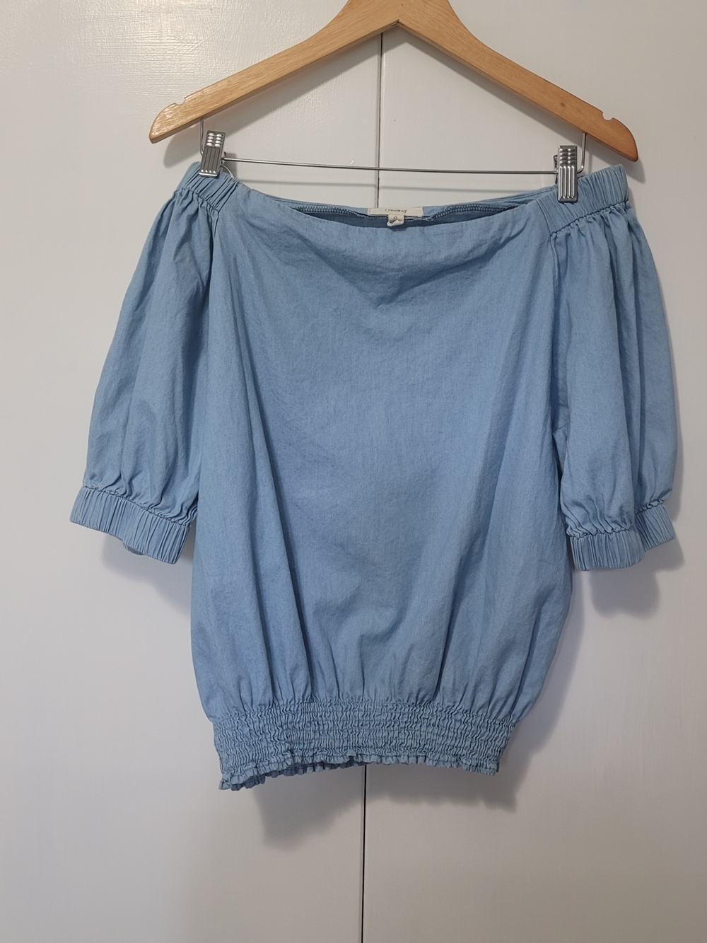Freeway Light Blue Off-Shoulder Smocked Waist Blouse